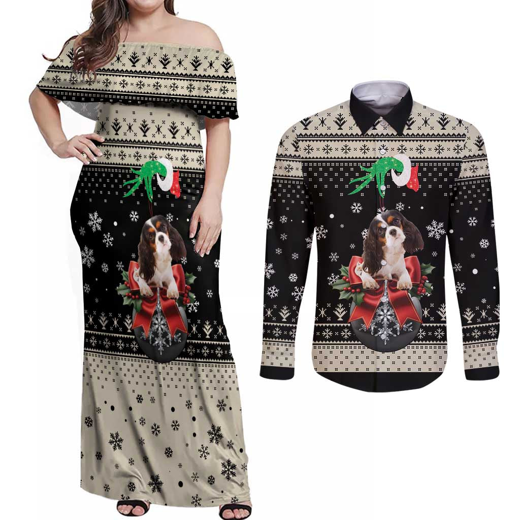 Cavalier King Charles Spaniel Xmas Ball Couples Matching Off Shoulder Maxi Dress and Long Sleeve Button Shirt Christmas Dog Lovers - Wonder Print Shop
