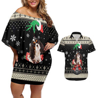 Cavalier King Charles Spaniel Xmas Ball Couples Matching Off Shoulder Short Dress and Hawaiian Shirt Christmas Dog Lovers - Wonder Print Shop