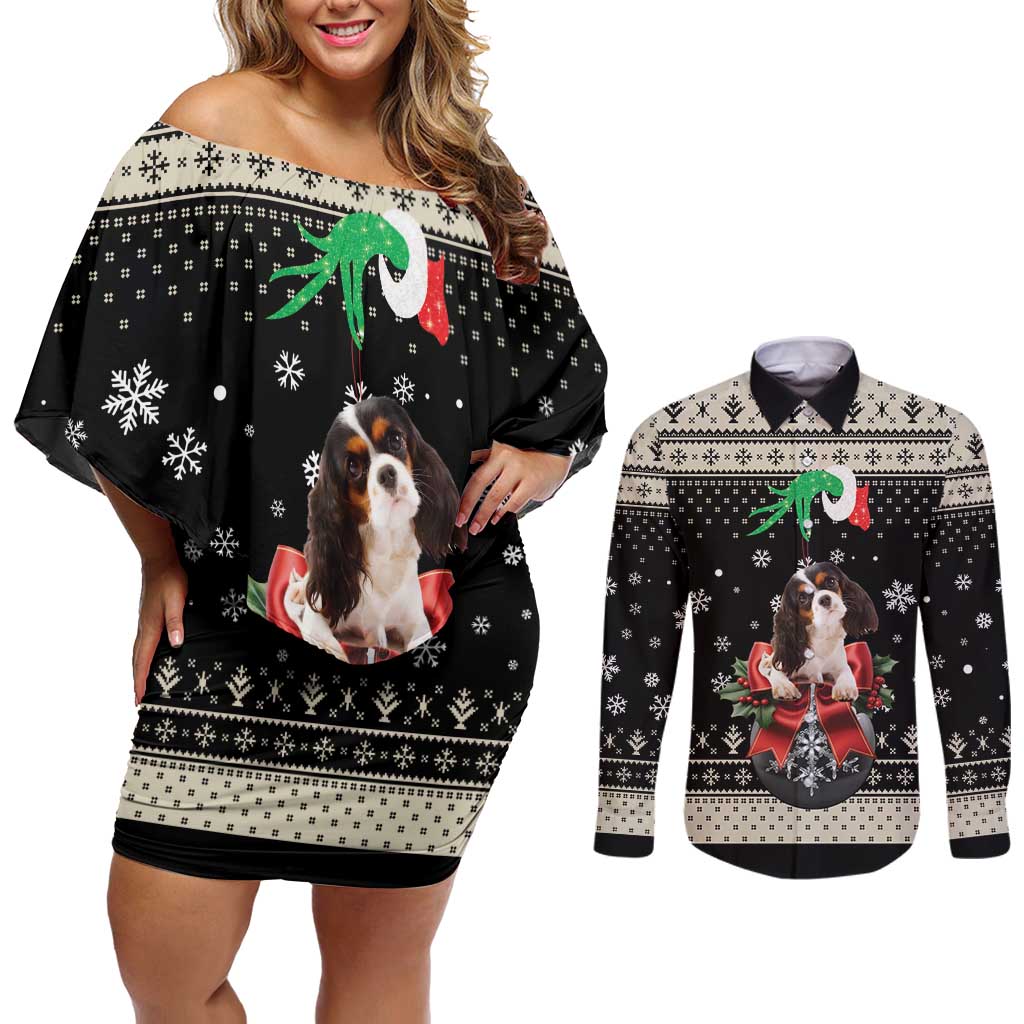 Cavalier King Charles Spaniel Xmas Ball Couples Matching Off Shoulder Short Dress and Long Sleeve Button Shirt Christmas Dog Lovers - Wonder Print Shop