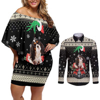 Cavalier King Charles Spaniel Xmas Ball Couples Matching Off Shoulder Short Dress and Long Sleeve Button Shirt Christmas Dog Lovers - Wonder Print Shop