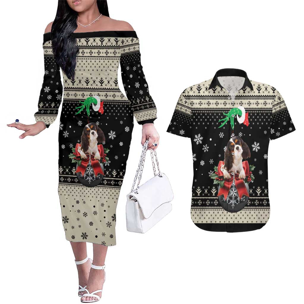 Cavalier King Charles Spaniel Xmas Ball Couples Matching Off The Shoulder Long Sleeve Dress and Hawaiian Shirt Christmas Dog Lovers - Wonder Print Shop