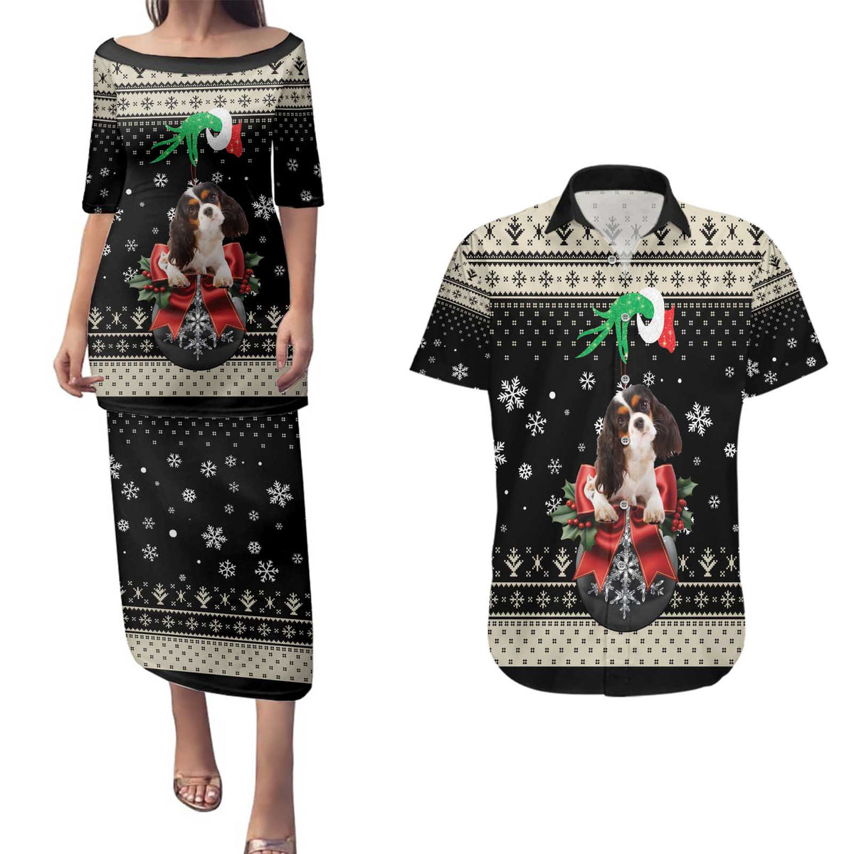 Cavalier King Charles Spaniel Xmas Ball Couples Matching Puletasi and Hawaiian Shirt Christmas Dog Lovers - Wonder Print Shop