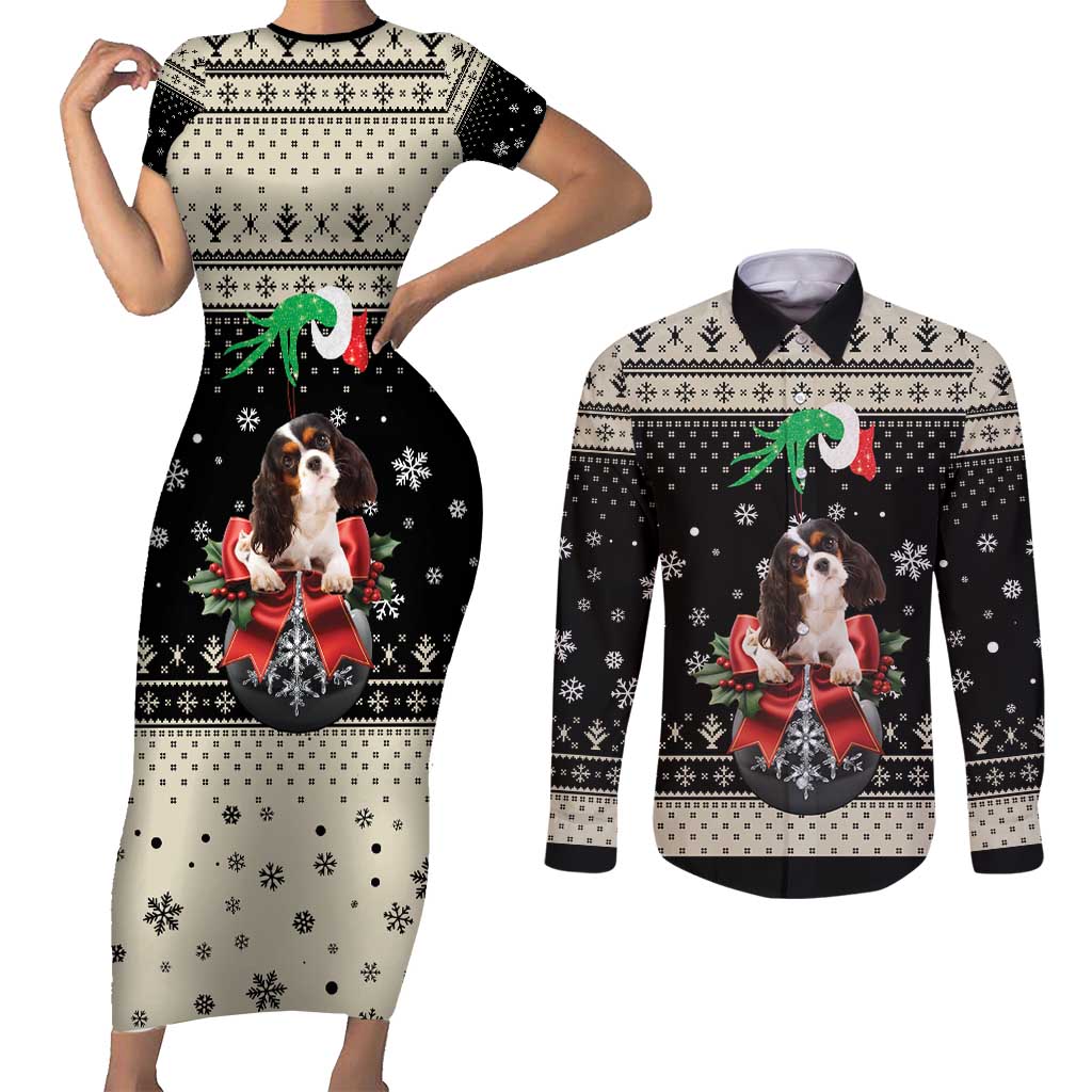 Cavalier King Charles Spaniel Xmas Ball Couples Matching Short Sleeve Bodycon Dress and Long Sleeve Button Shirt Christmas Dog Lovers - Wonder Print Shop