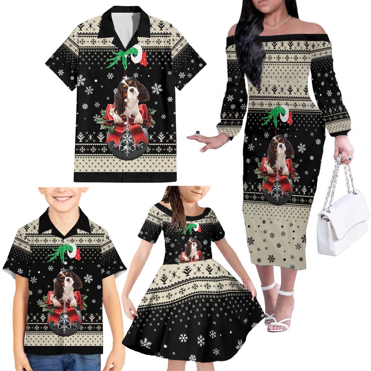 Cavalier King Charles Spaniel Xmas Ball Family Matching Off The Shoulder Long Sleeve Dress and Hawaiian Shirt Christmas Dog Lovers - Wonder Print Shop