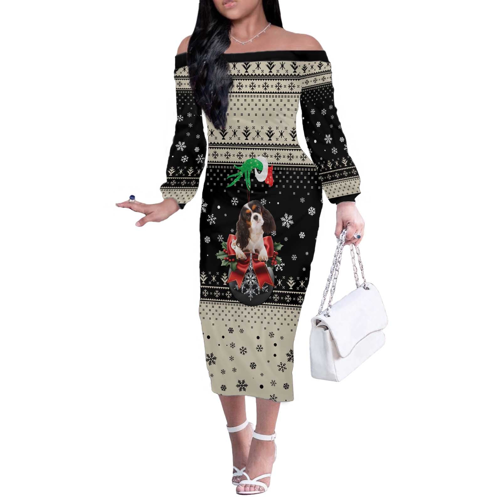 Cavalier King Charles Spaniel Xmas Ball Off The Shoulder Long Sleeve Dress Christmas Dog Lovers - Wonder Print Shop