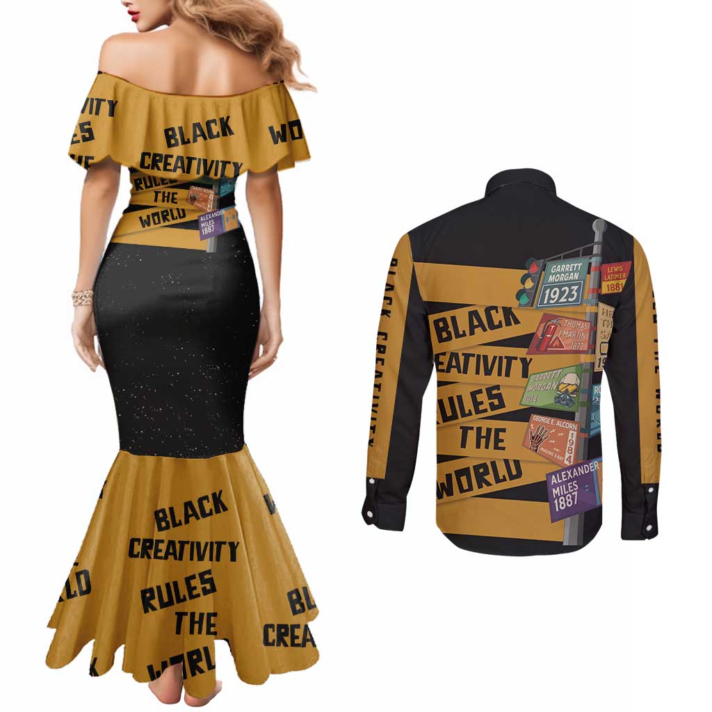 Black Creativity Rules The World Couples Matching Mermaid Dress and Long Sleeve Button Shirt African Creativity