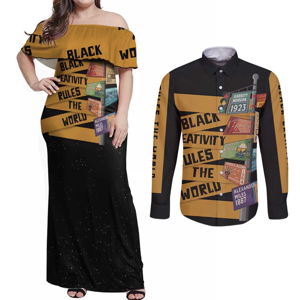 Black Creativity Rules The World Couples Matching Off Shoulder Maxi Dress and Long Sleeve Button Shirt African Creativity - Wonder Print Shop