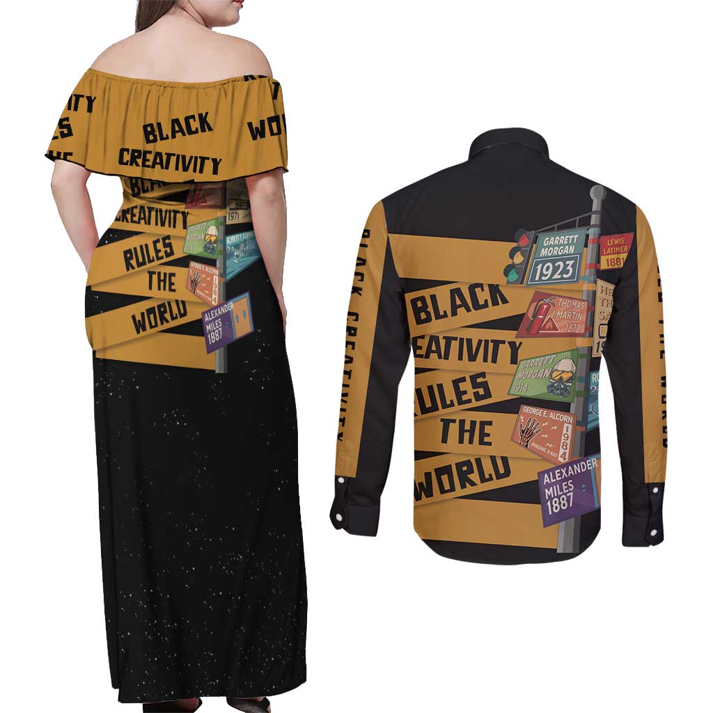 Black Creativity Rules The World Couples Matching Off Shoulder Maxi Dress and Long Sleeve Button Shirt African Creativity - Wonder Print Shop