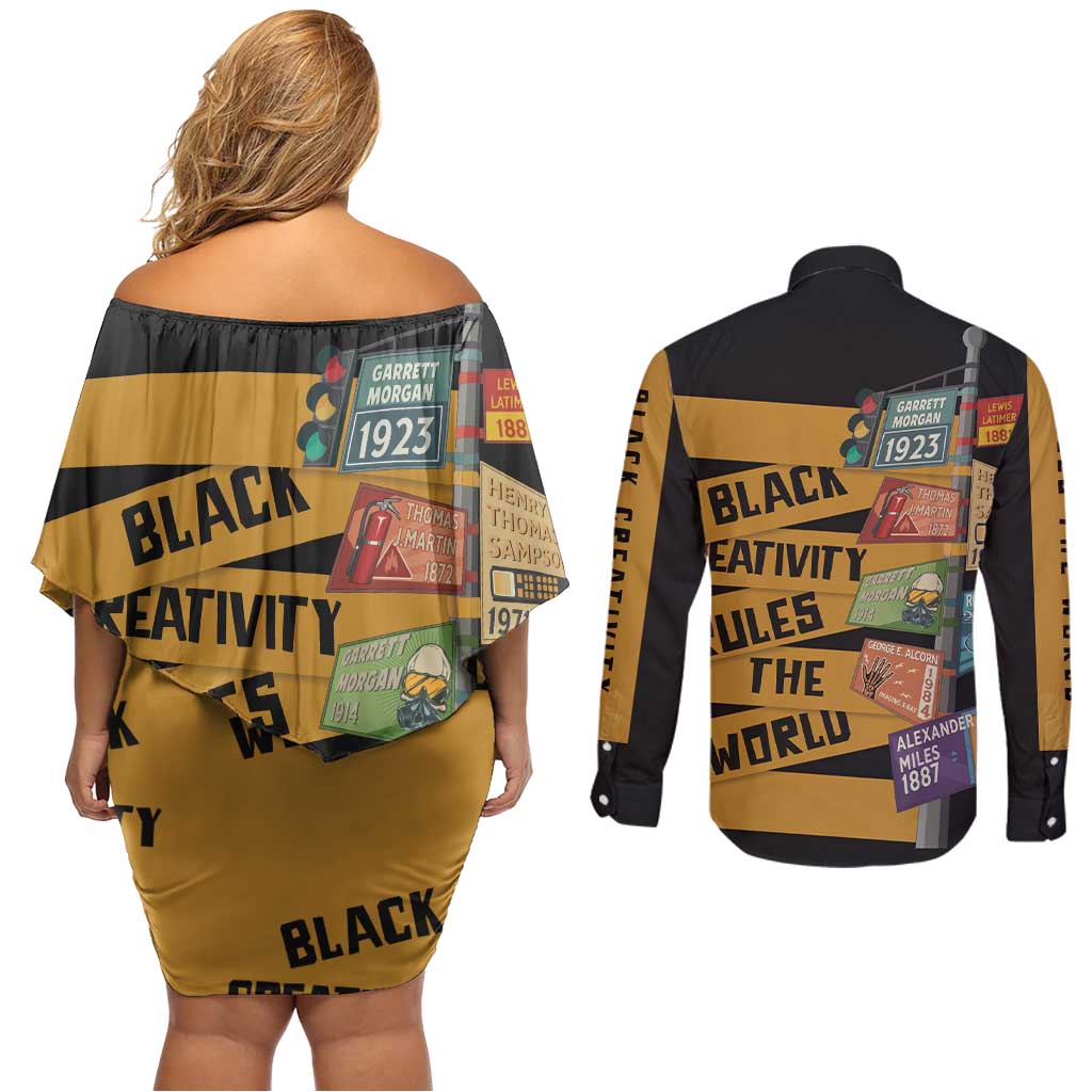 Black Creativity Rules The World Couples Matching Off Shoulder Short Dress and Long Sleeve Button Shirt African Creativity - Wonder Print Shop
