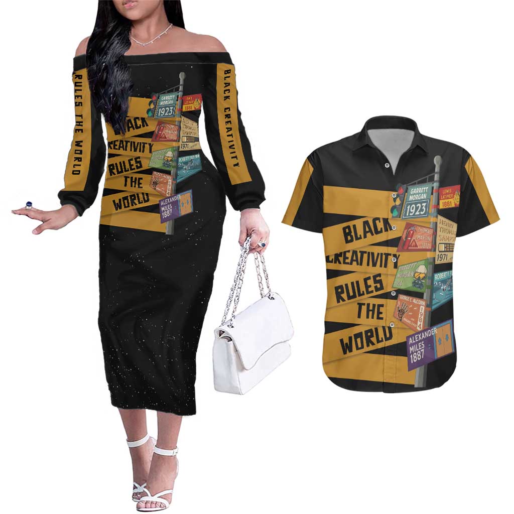 Black Creativity Rules The World Couples Matching Off The Shoulder Long Sleeve Dress and Hawaiian Shirt African Creativity - Wonder Print Shop
