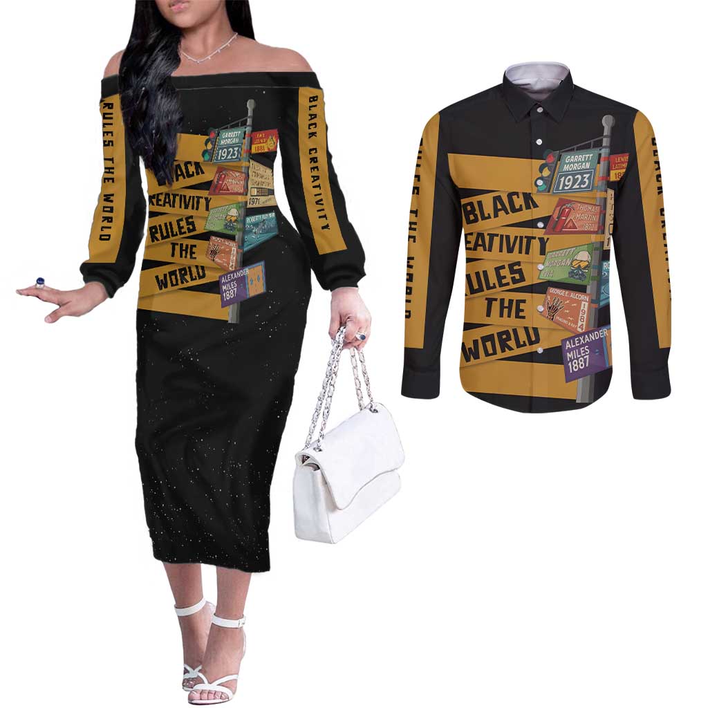 Black Creativity Rules The World Couples Matching Off The Shoulder Long Sleeve Dress and Long Sleeve Button Shirt African Creativity