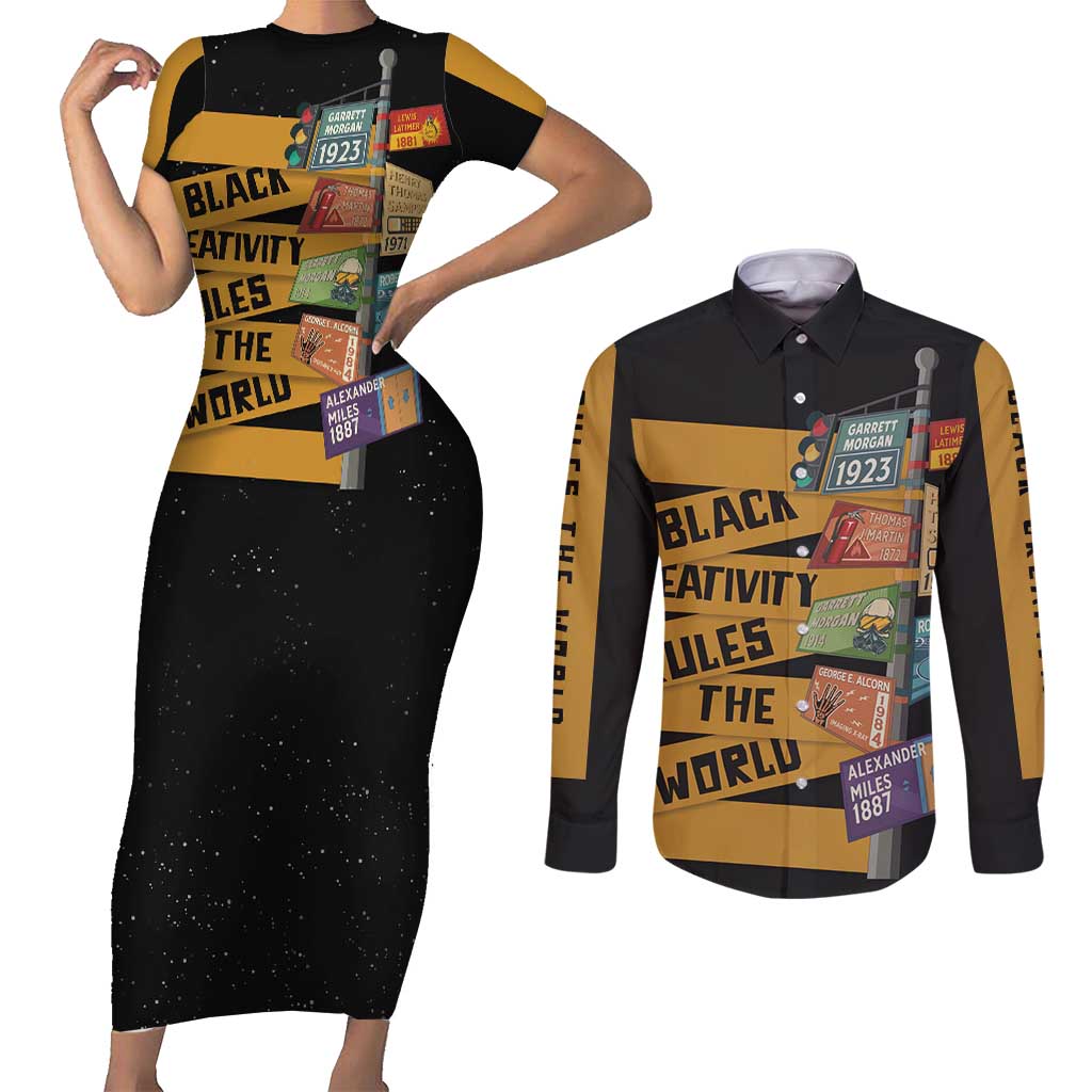 Black Creativity Rules The World Couples Matching Short Sleeve Bodycon Dress and Long Sleeve Button Shirt African Creativity - Wonder Print Shop