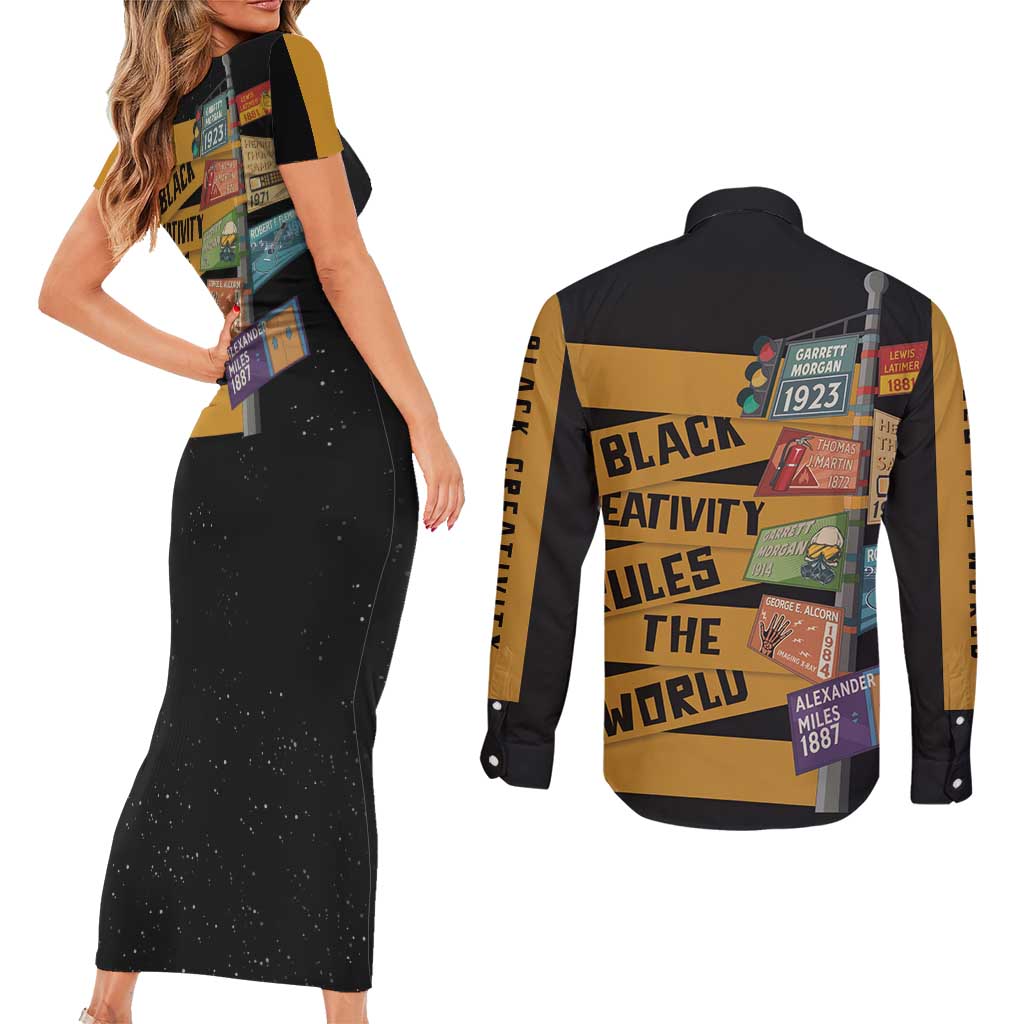 Black Creativity Rules The World Couples Matching Short Sleeve Bodycon Dress and Long Sleeve Button Shirt African Creativity - Wonder Print Shop