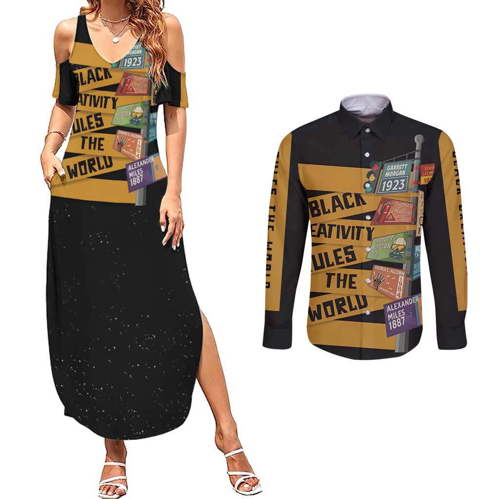 Black Creativity Rules The World Couples Matching Summer Maxi Dress and Long Sleeve Button Shirt African Creativity - Wonder Print Shop