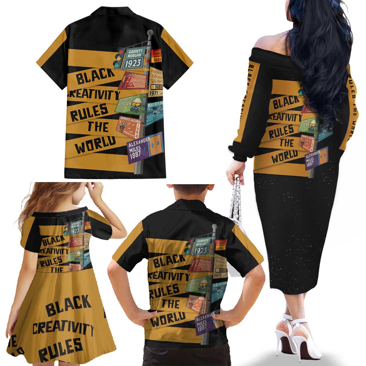Black Creativity Rules The World Family Matching Off The Shoulder Long Sleeve Dress and Hawaiian Shirt African Creativity - Wonder Print Shop