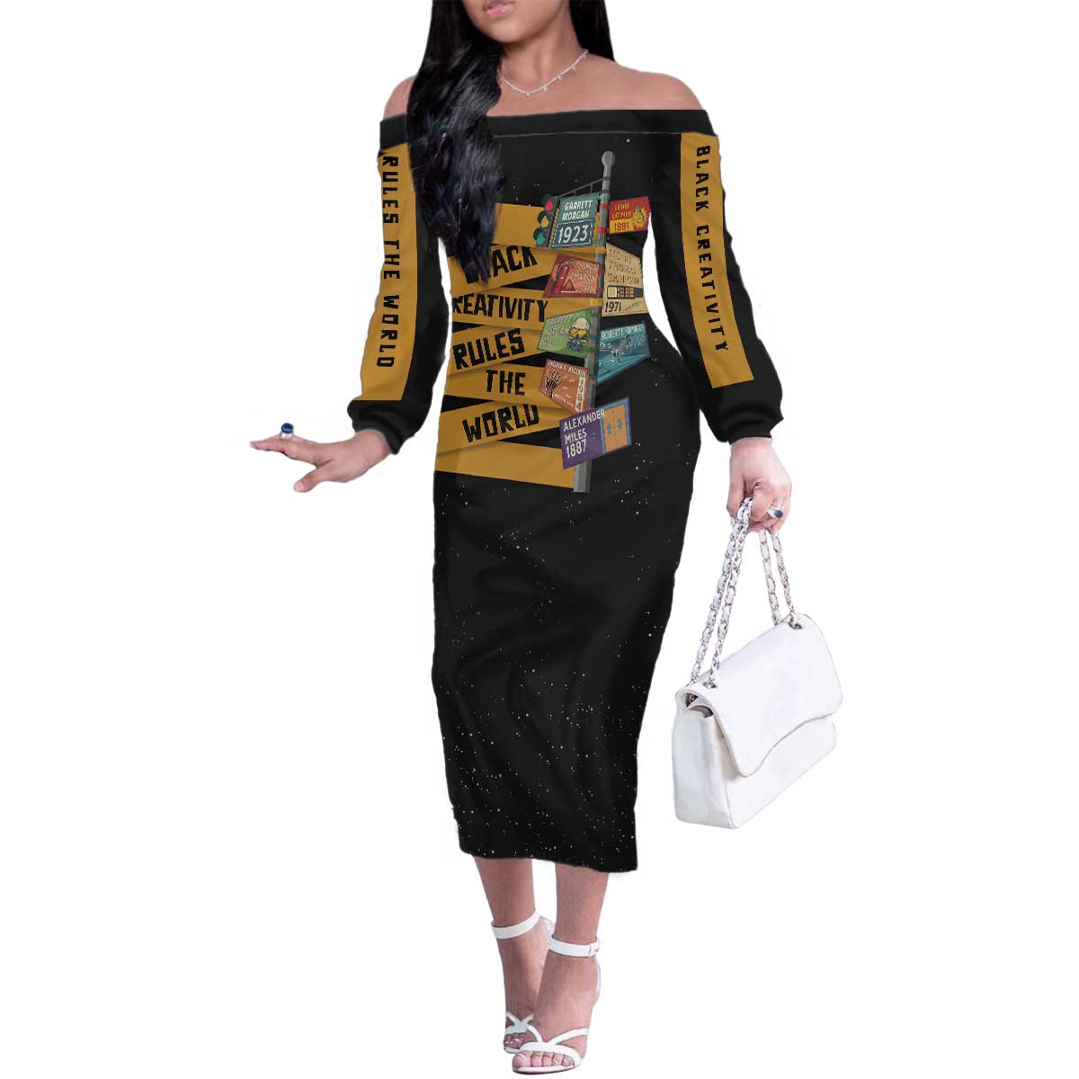 Black Creativity Rules The World Family Matching Off The Shoulder Long Sleeve Dress and Hawaiian Shirt African Creativity - Wonder Print Shop