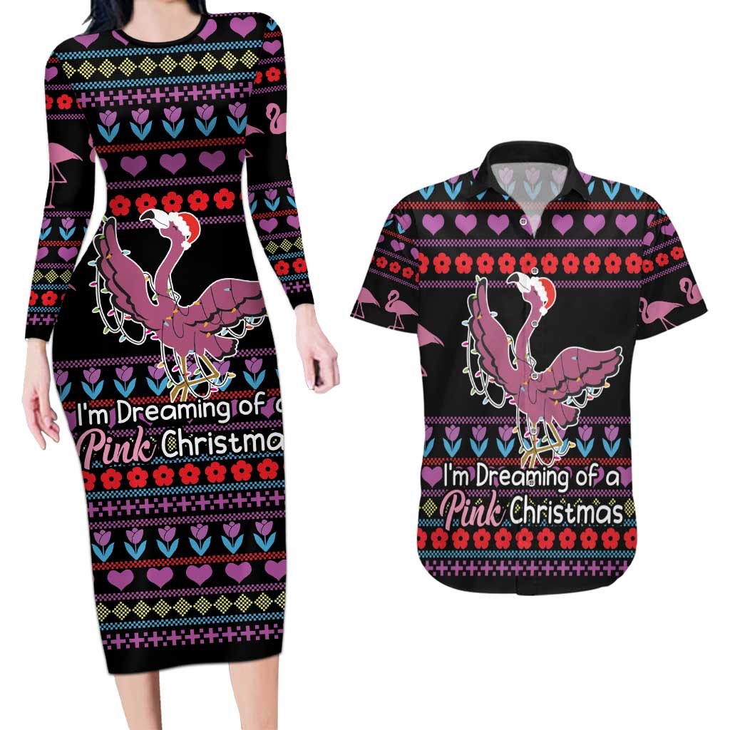 Flamingo Im Dreaming Of A Pink Christmas Couples Matching Long Sleeve Bodycon Dress and Hawaiian Shirt - Wonder Print Shop