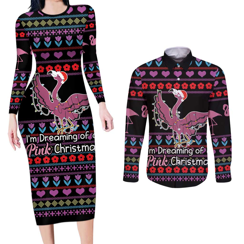 Flamingo Im Dreaming Of A Pink Christmas Couples Matching Long Sleeve Bodycon Dress and Long Sleeve Button Shirt - Wonder Print Shop