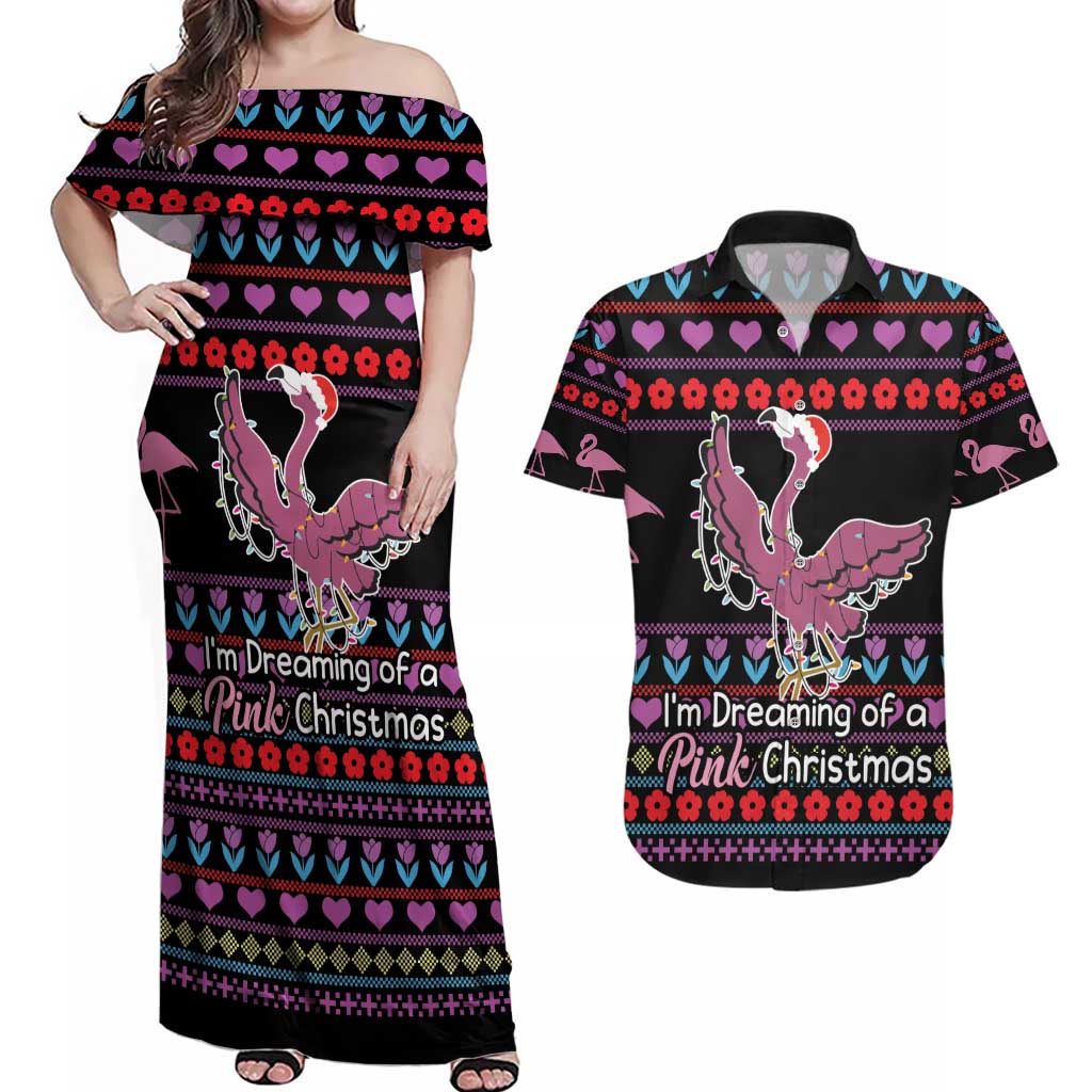 Flamingo Im Dreaming Of A Pink Christmas Couples Matching Off Shoulder Maxi Dress and Hawaiian Shirt - Wonder Print Shop