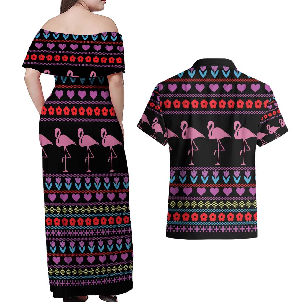 Flamingo Im Dreaming Of A Pink Christmas Couples Matching Off Shoulder Maxi Dress and Hawaiian Shirt - Wonder Print Shop