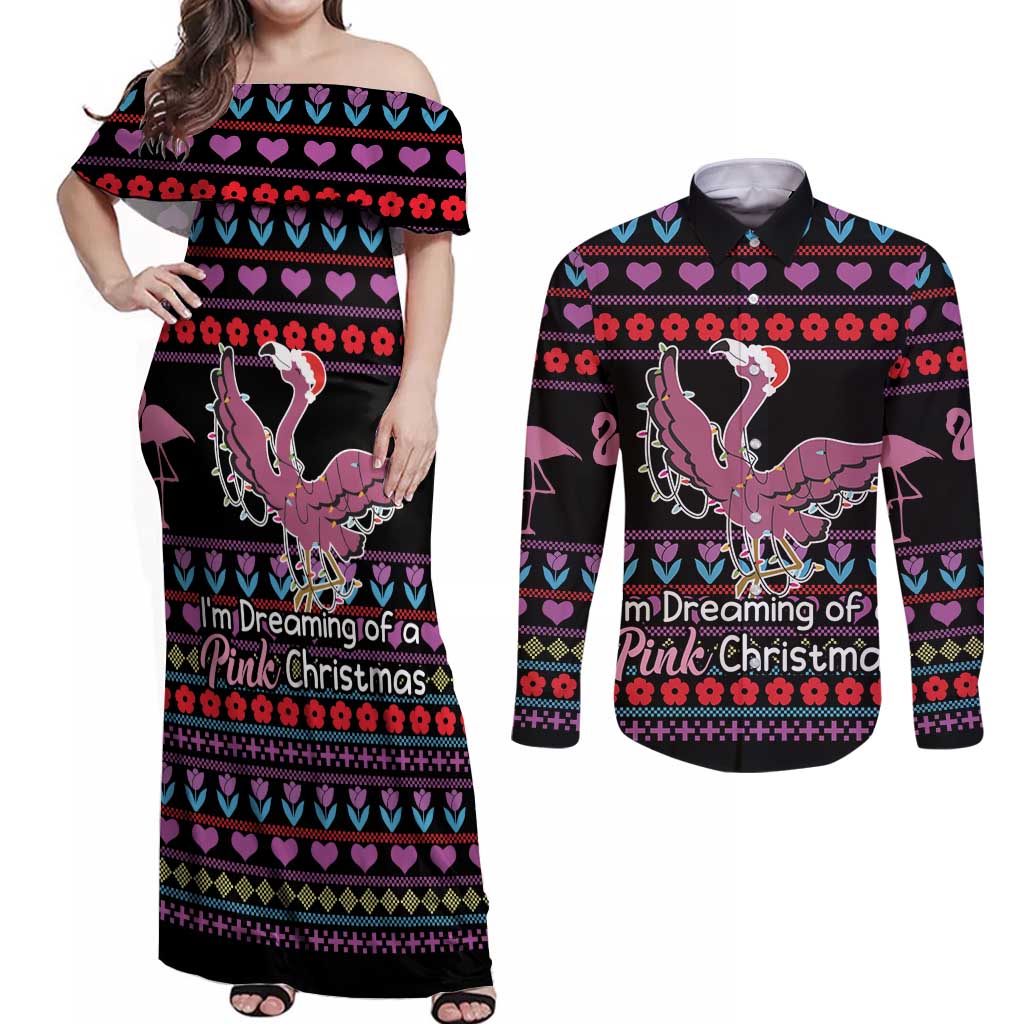 Flamingo Im Dreaming Of A Pink Christmas Couples Matching Off Shoulder Maxi Dress and Long Sleeve Button Shirt - Wonder Print Shop