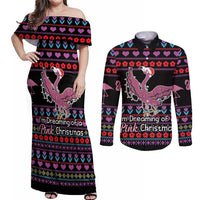 Flamingo Im Dreaming Of A Pink Christmas Couples Matching Off Shoulder Maxi Dress and Long Sleeve Button Shirt - Wonder Print Shop