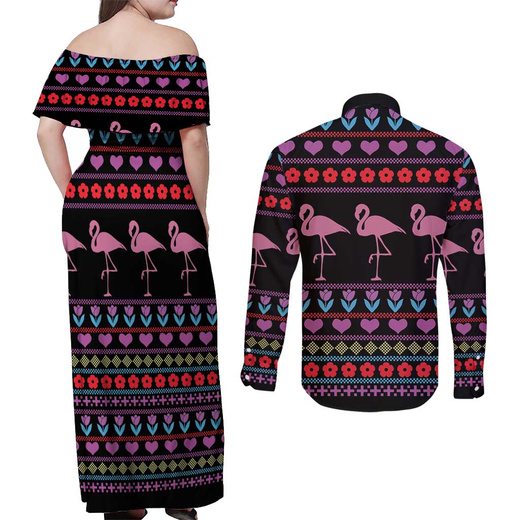 Flamingo Im Dreaming Of A Pink Christmas Couples Matching Off Shoulder Maxi Dress and Long Sleeve Button Shirt - Wonder Print Shop