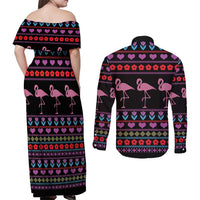 Flamingo Im Dreaming Of A Pink Christmas Couples Matching Off Shoulder Maxi Dress and Long Sleeve Button Shirt - Wonder Print Shop