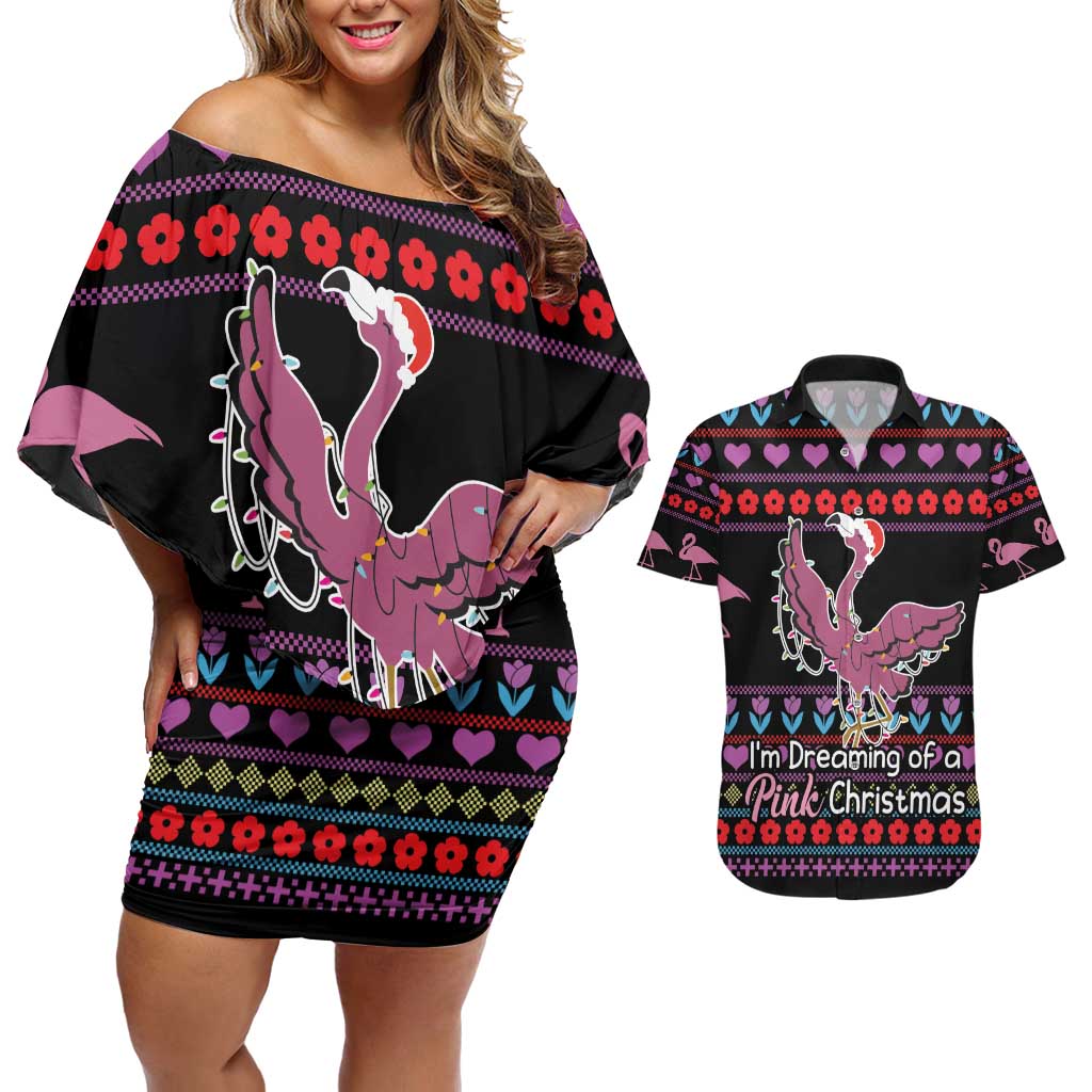 Flamingo Im Dreaming Of A Pink Christmas Couples Matching Off Shoulder Short Dress and Hawaiian Shirt - Wonder Print Shop