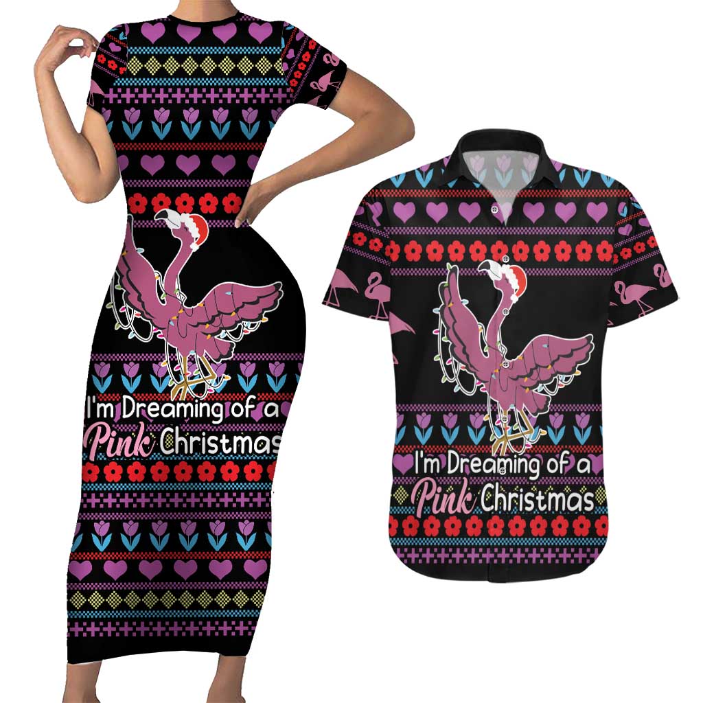 Flamingo Im Dreaming Of A Pink Christmas Couples Matching Short Sleeve Bodycon Dress and Hawaiian Shirt - Wonder Print Shop