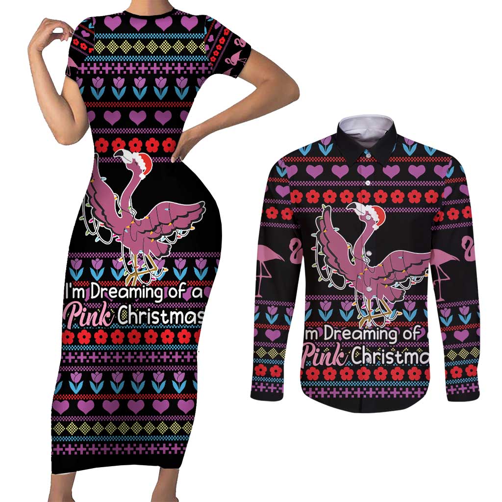 Flamingo Im Dreaming Of A Pink Christmas Couples Matching Short Sleeve Bodycon Dress and Long Sleeve Button Shirt - Wonder Print Shop