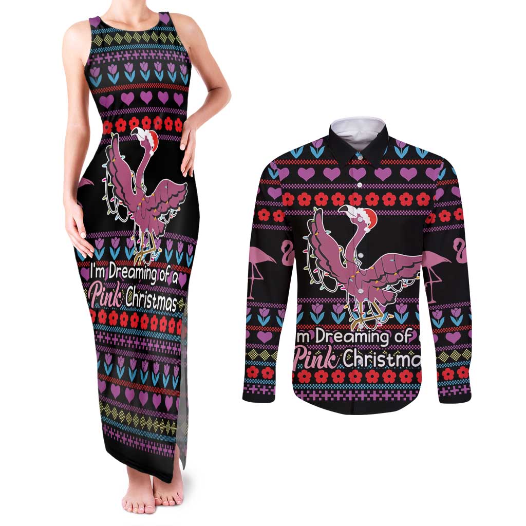 Flamingo Im Dreaming Of A Pink Christmas Couples Matching Tank Maxi Dress and Long Sleeve Button Shirt - Wonder Print Shop