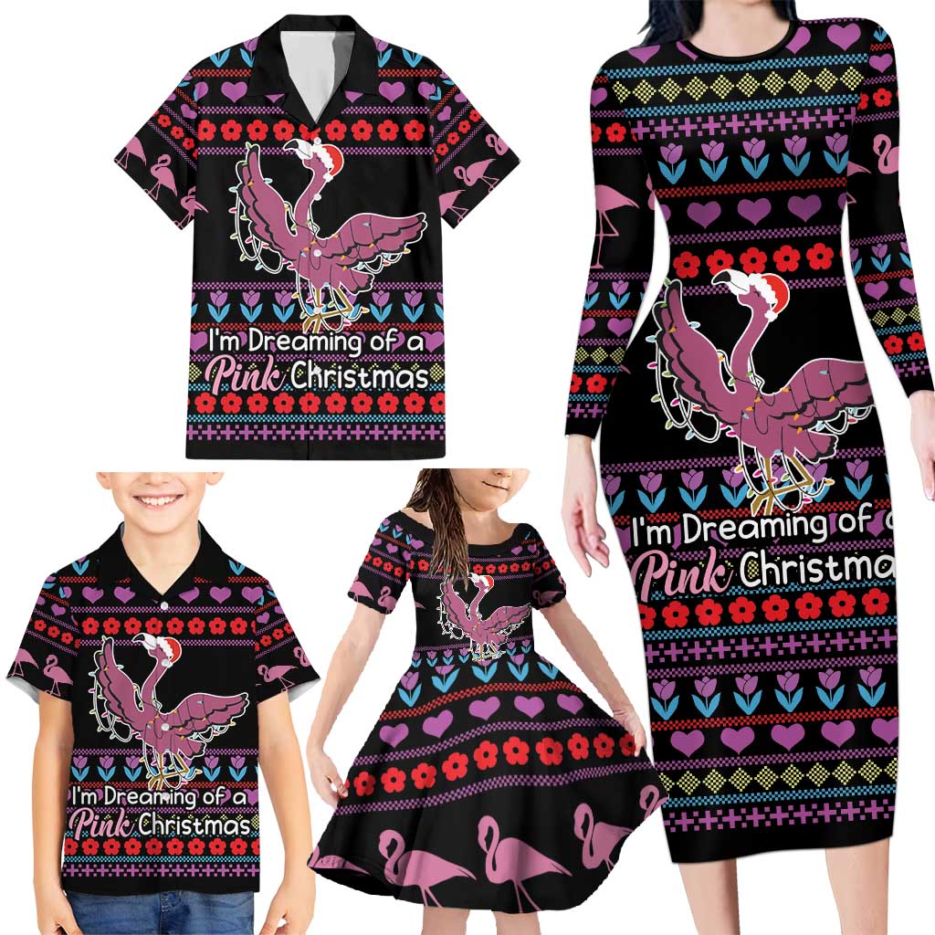 Flamingo Im Dreaming Of A Pink Christmas Family Matching Long Sleeve Bodycon Dress and Hawaiian Shirt - Wonder Print Shop