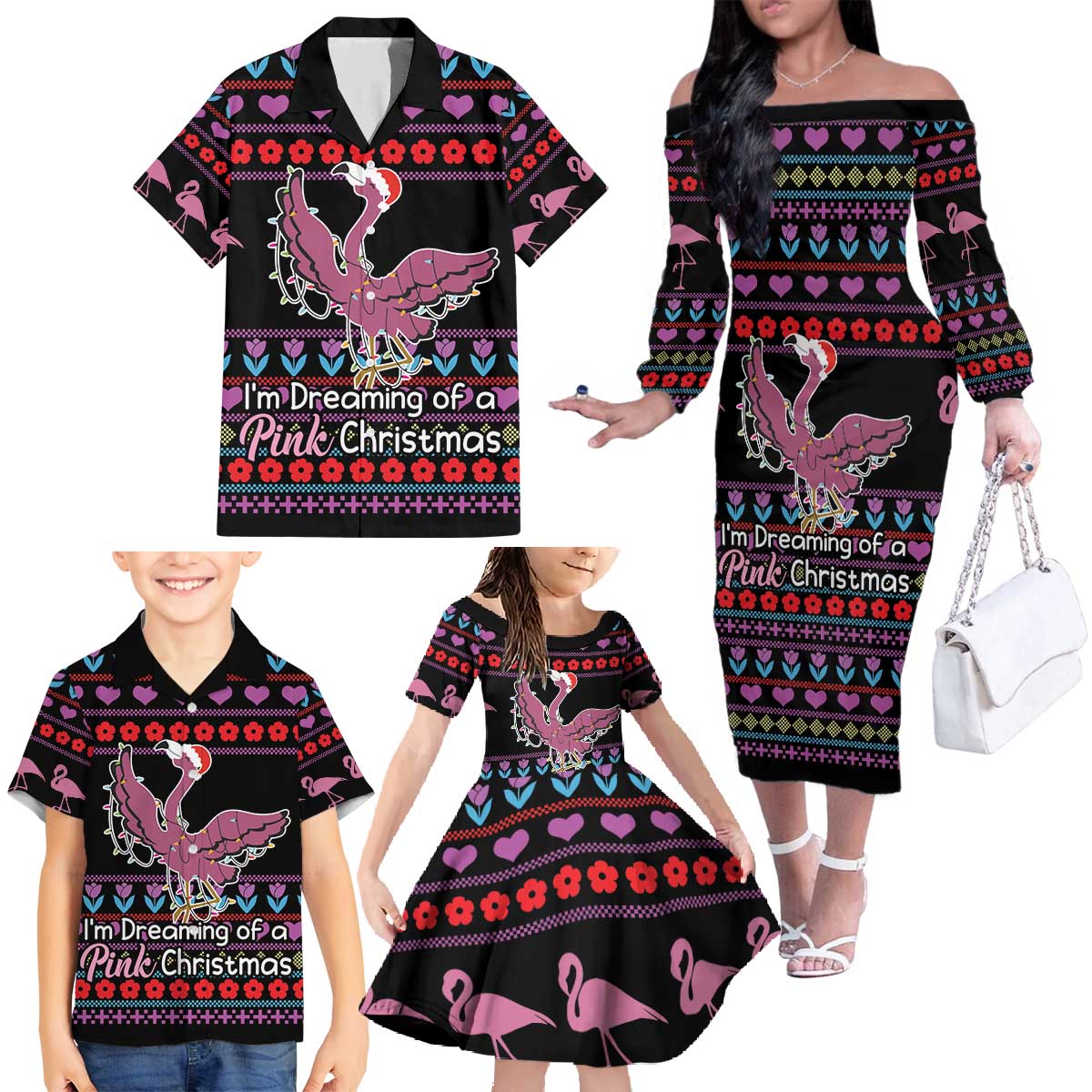 Flamingo Im Dreaming Of A Pink Christmas Family Matching Off The Shoulder Long Sleeve Dress and Hawaiian Shirt - Wonder Print Shop