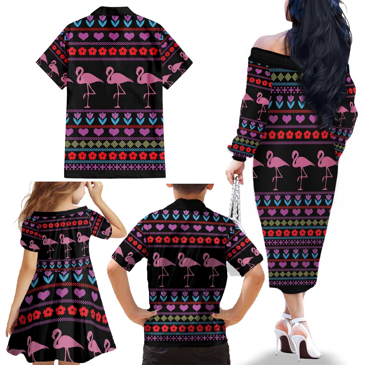 Flamingo Im Dreaming Of A Pink Christmas Family Matching Off The Shoulder Long Sleeve Dress and Hawaiian Shirt - Wonder Print Shop