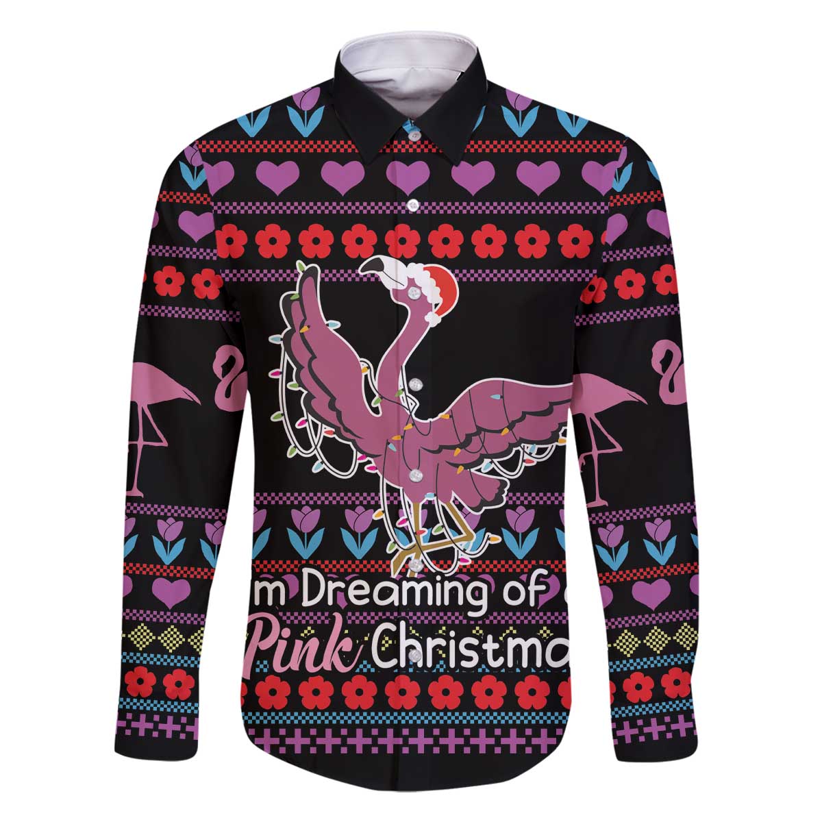 Flamingo Im Dreaming Of A Pink Christmas Family Matching Off The Shoulder Long Sleeve Dress and Hawaiian Shirt - Wonder Print Shop