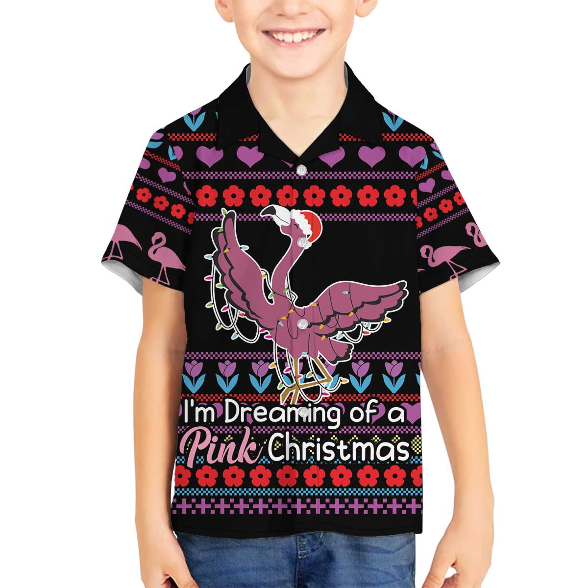 Flamingo Im Dreaming Of A Pink Christmas Family Matching Off The Shoulder Long Sleeve Dress and Hawaiian Shirt - Wonder Print Shop
