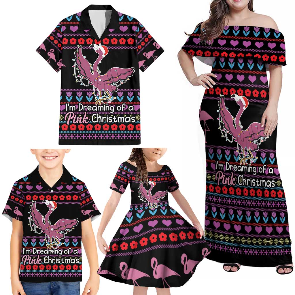 Flamingo Im Dreaming Of A Pink Christmas Family Matching Off Shoulder Maxi Dress and Hawaiian Shirt - Wonder Print Shop