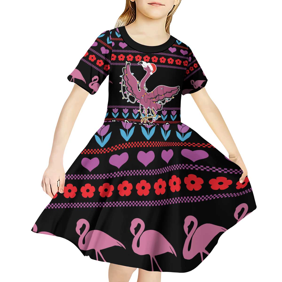 Flamingo Im Dreaming Of A Pink Christmas Kid Short Sleeve Dress - Wonder Print Shop