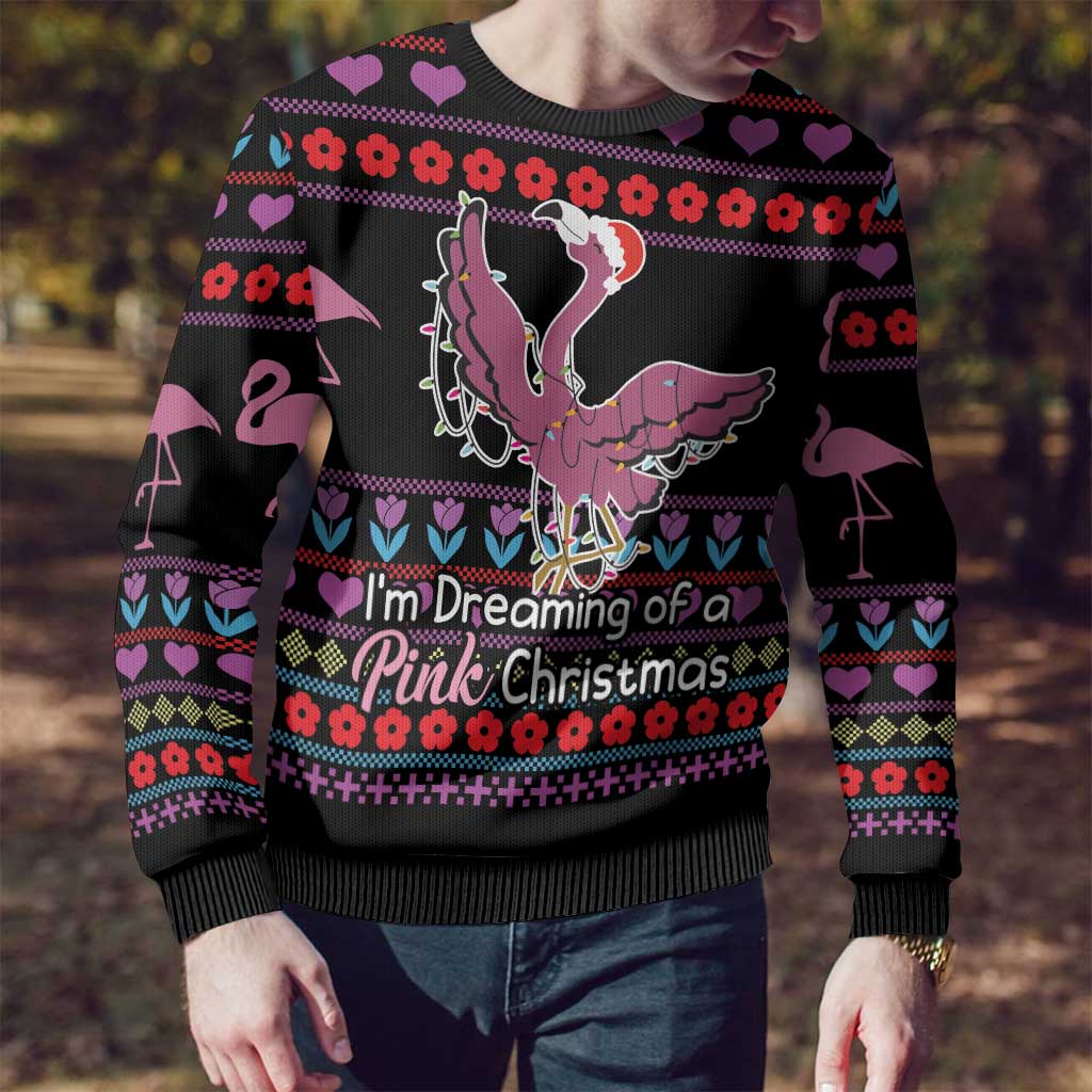 Flamingo Im Dreaming Of A Pink Christmas Ugly Christmas Sweater - Wonder Print Shop