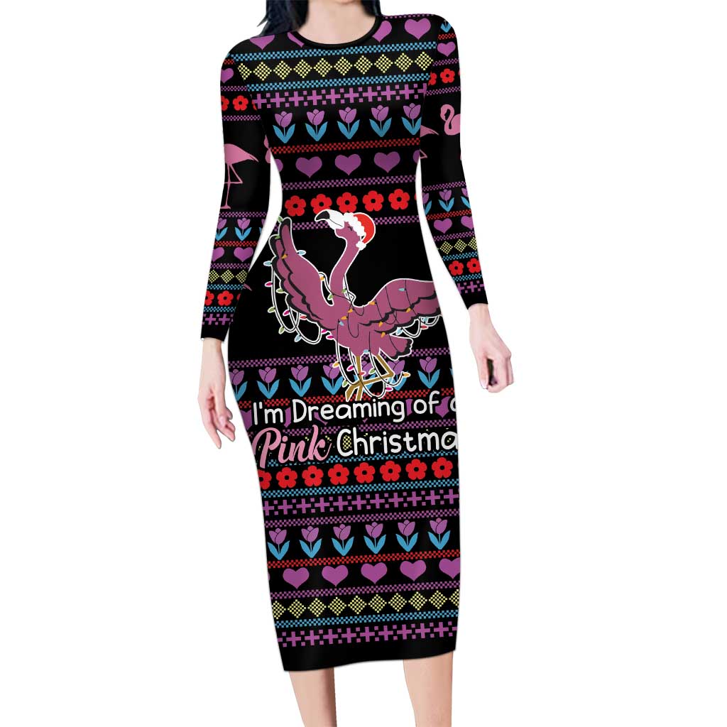 Flamingo Im Dreaming Of A Pink Christmas Long Sleeve Bodycon Dress - Wonder Print Shop