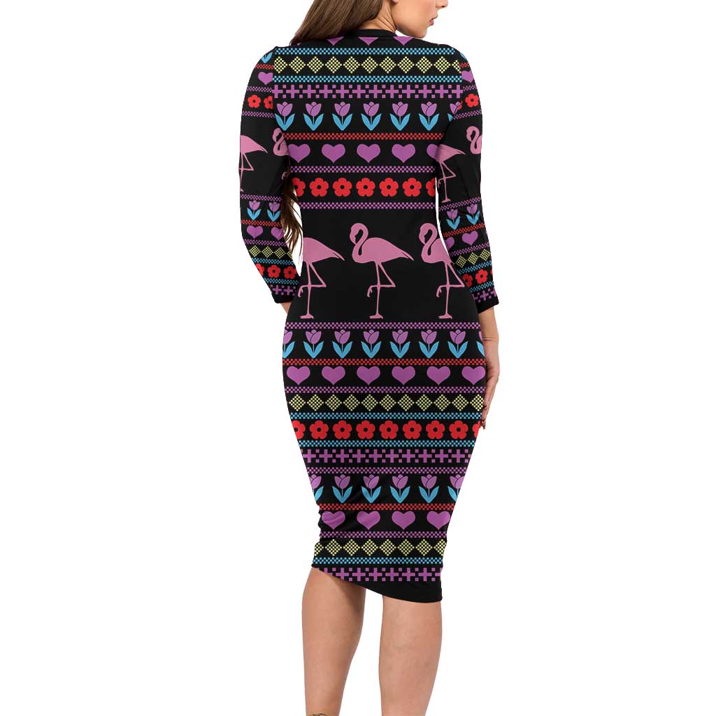 Flamingo Im Dreaming Of A Pink Christmas Long Sleeve Bodycon Dress - Wonder Print Shop