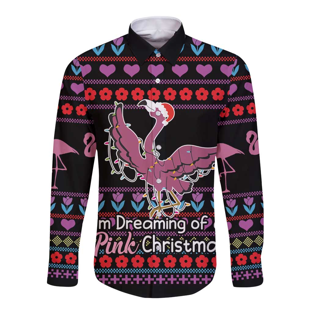 Flamingo Im Dreaming Of A Pink Christmas Long Sleeve Button Shirt - Wonder Print Shop