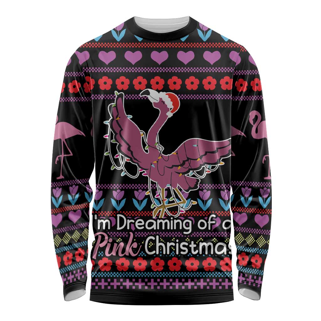 Flamingo Im Dreaming Of A Pink Christmas Long Sleeve Shirt - Wonder Print Shop