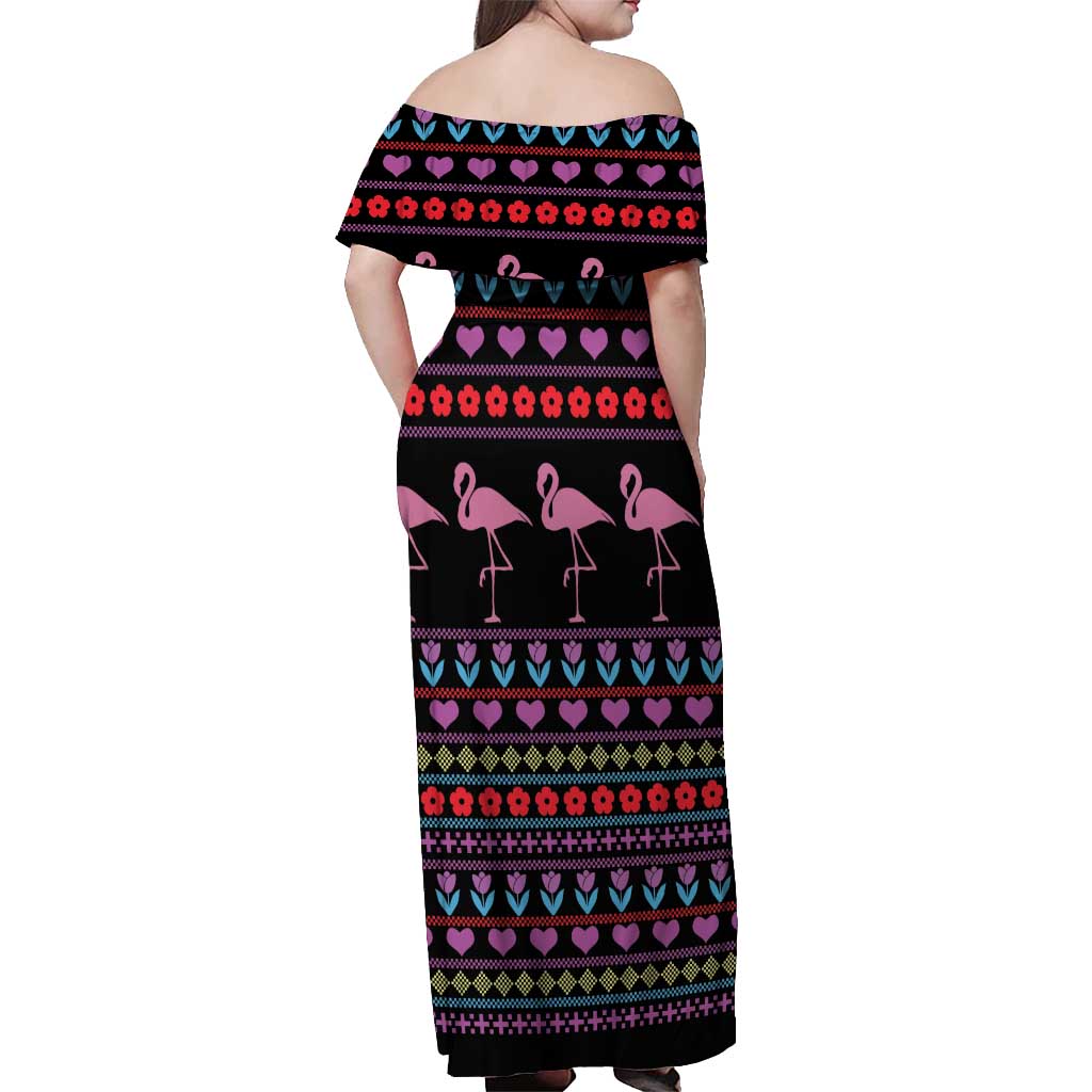 Flamingo Im Dreaming Of A Pink Christmas Off Shoulder Maxi Dress - Wonder Print Shop