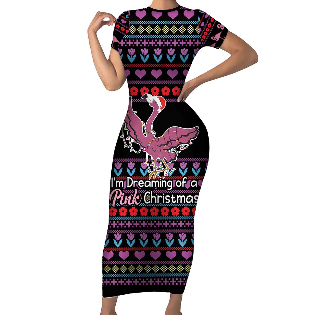 Flamingo Im Dreaming Of A Pink Christmas Short Sleeve Bodycon Dress - Wonder Print Shop