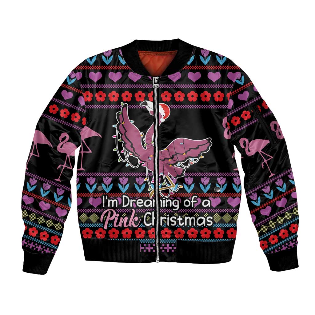Flamingo Im Dreaming Of A Pink Christmas Sleeve Zip Bomber Jacket - Wonder Print Shop