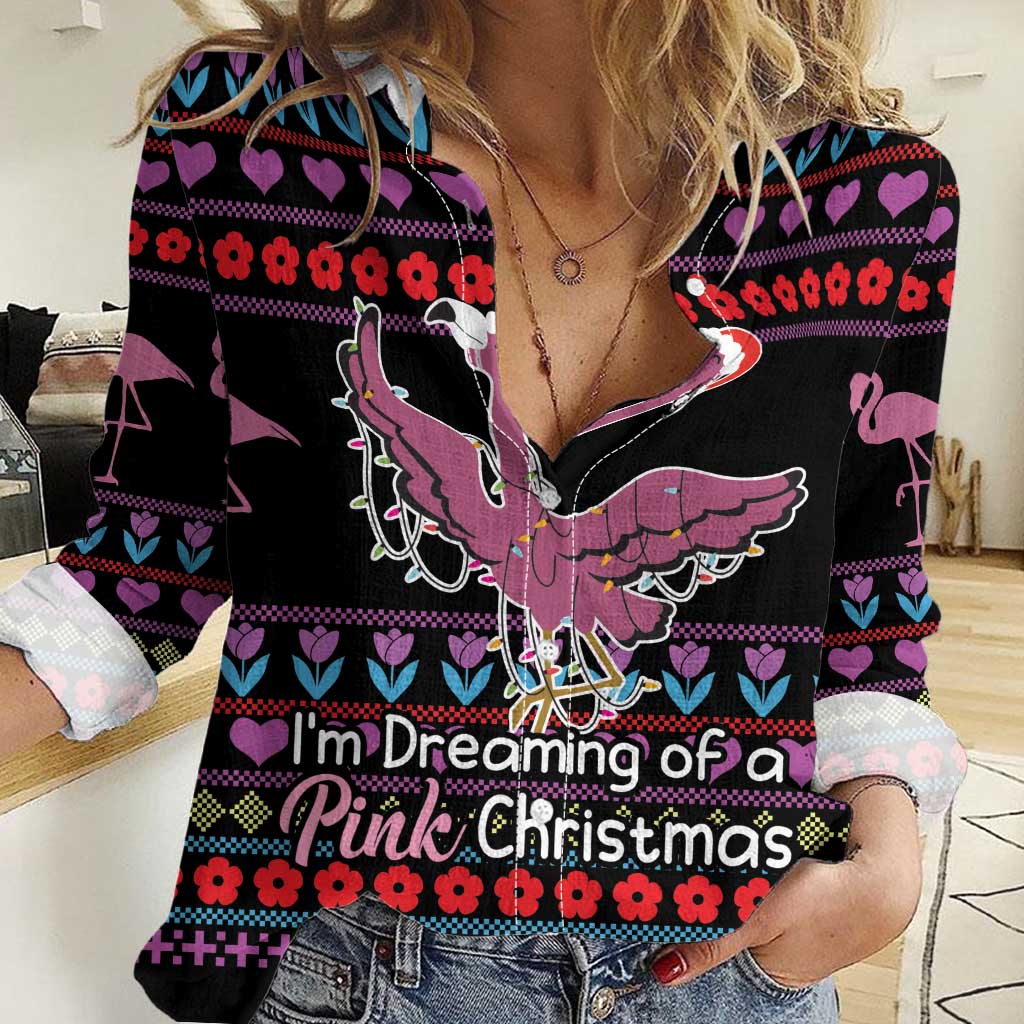 Flamingo Im Dreaming Of A Pink Christmas Women Casual Shirt - Wonder Print Shop