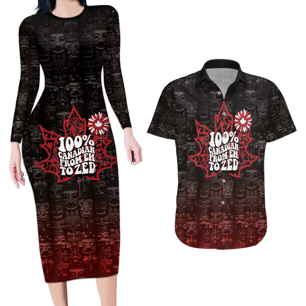 100% Canadian From Eh To Zed Couples Matching Long Sleeve Bodycon Dress and Hawaiian Shirt True North Strong and Free