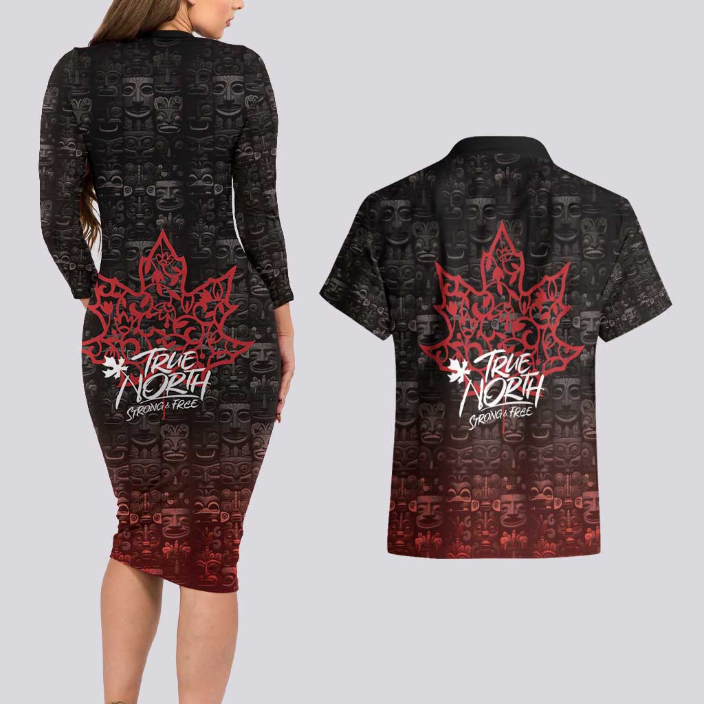 100% Canadian From Eh To Zed Couples Matching Long Sleeve Bodycon Dress and Hawaiian Shirt True North Strong and Free